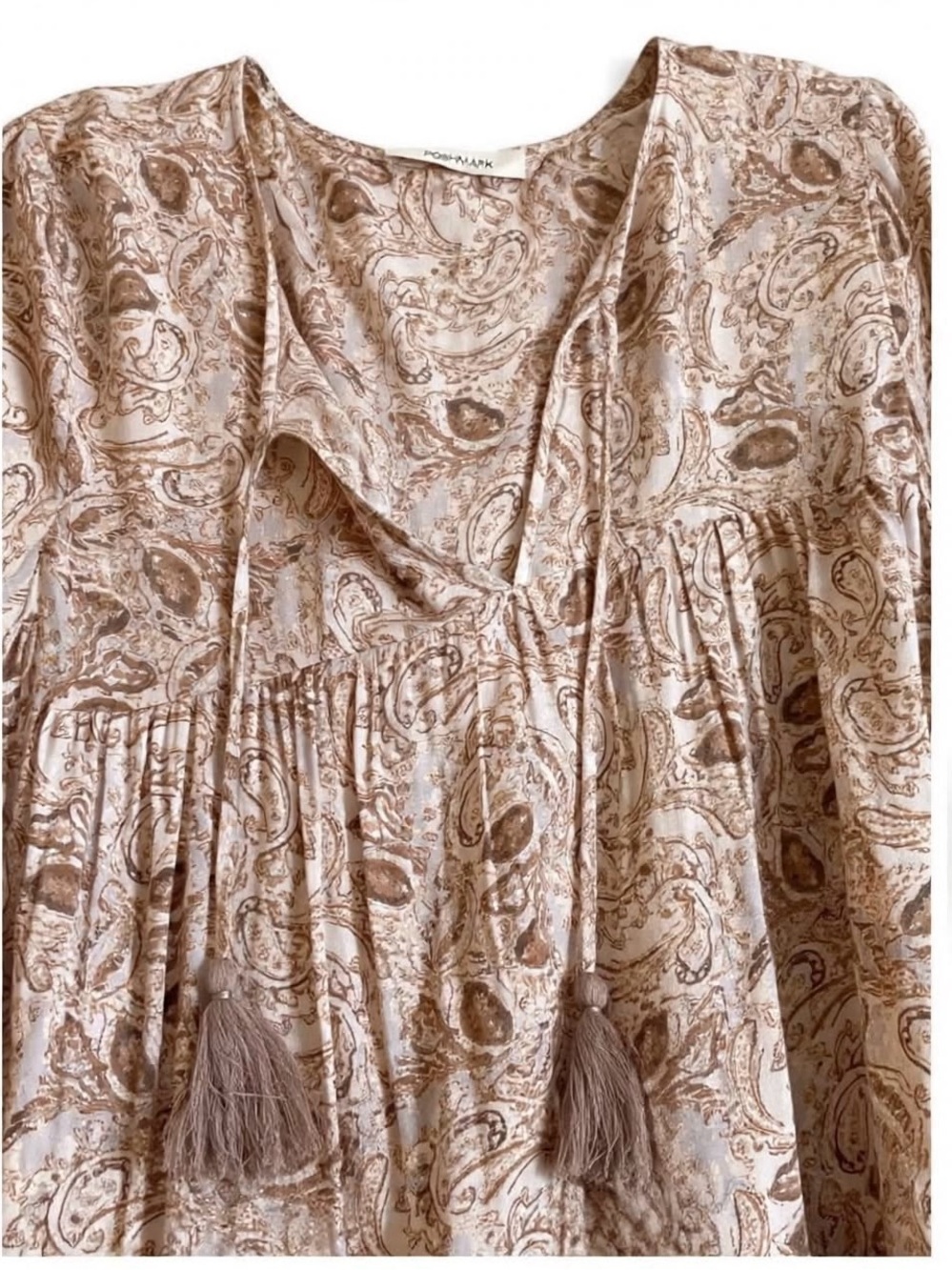 VICI Collection Boho Paisley Maxi Dress XL Beige Brown Tassel Tiered + Slip - Picture 5 of 7